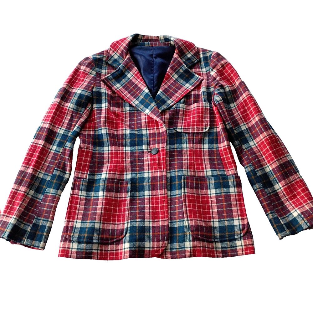 Vtg Pendleton Plaid Wool Blazer Women's S Red Teal Pockets Heritage Made in USA